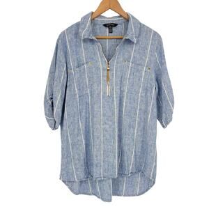 Ellen Tracey Linen Blend Blue and White Striped Blouse Size XL